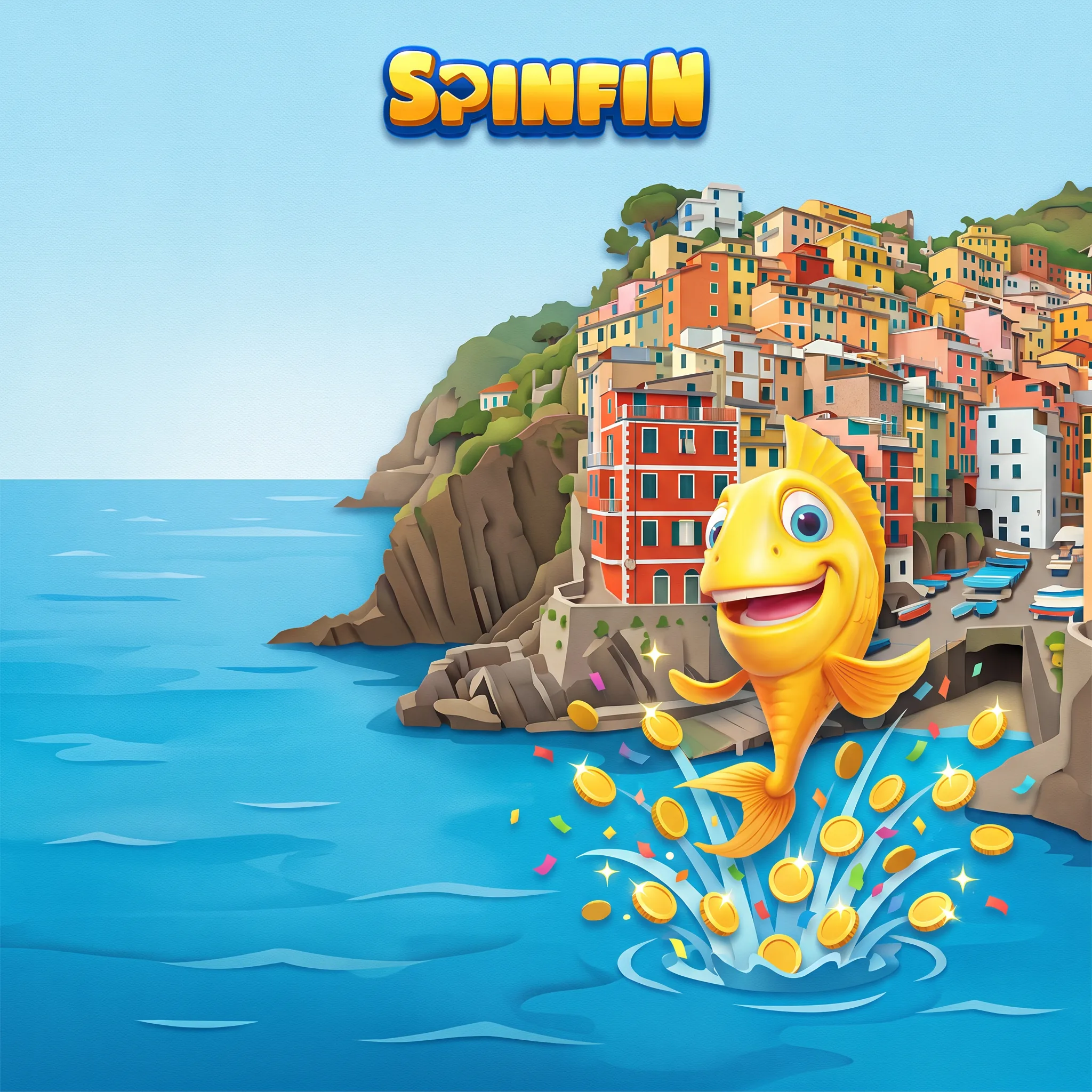 Il pesce SpinFin e le monete del bonus davanti alle Cinque Terre